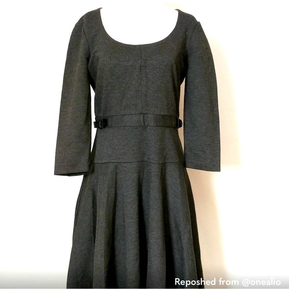 Ann Taylor Grey Sleeve Belted Scoop Neck Dress
